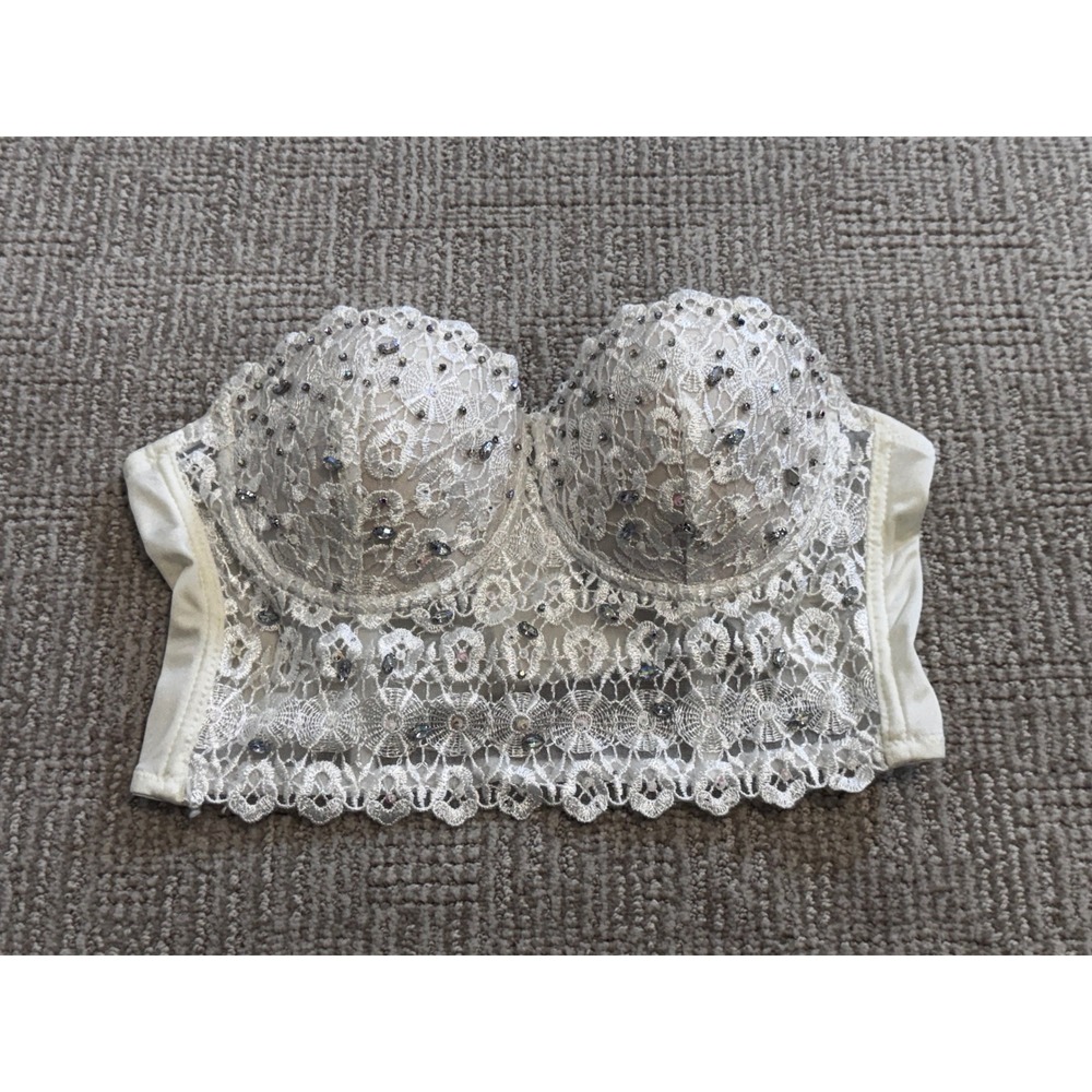 Windsor White Lace Rhinestone Bustier Crop Top Strapless Sweetheart Size M